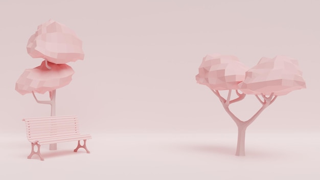 Bank en twee bomen geïsoleerd op een roze achtergrond monochrome 3D-rendering