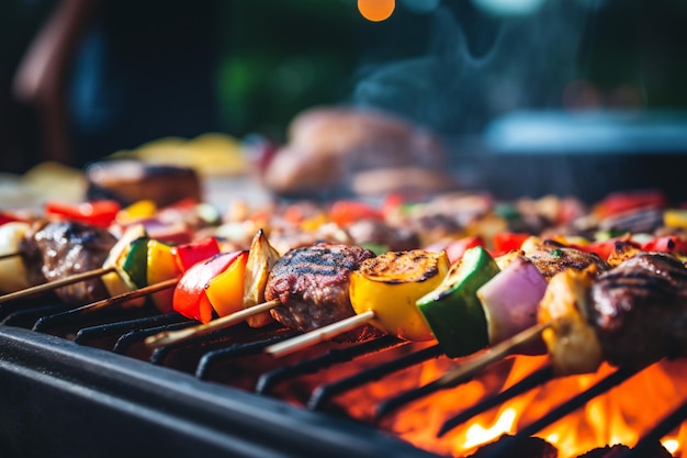 Gratis foto barbecue spies vlees en groenten koken op grills