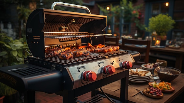 Barbecuegrill met worstjes op het terras van een restaurant