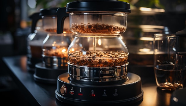Gratis foto barista giet hete koffie in een glanzende metalen espressomachine, gegenereerd door kunstmatige intelligentie