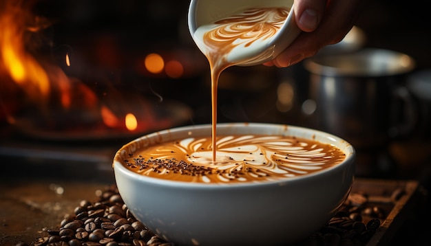 Gratis foto barista giet hete melk in een koffiekopje en creëert een schuimige latte gegenereerd door kunstmatige intelligentie