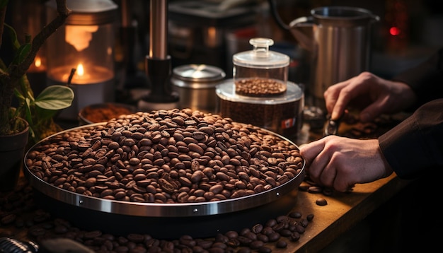 Barista werkt aan het bereiden van warme cappuccino close-up van een koffiekopje gegenereerd door kunstmatige intelligentie