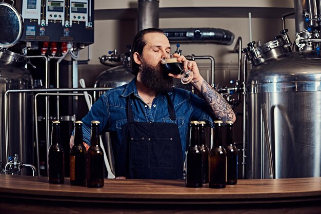 Bebaarde getatoeëerde hipster man in een jeans shirt en schort werken in een brouwerij fabriek, staande achter een toonbank, drinkt een ambachtelijk bier voor kwaliteitscontrole.