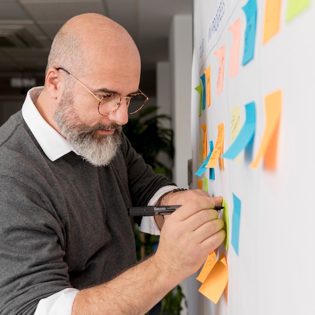 Bebaarde man die aantekeningen maakt van project