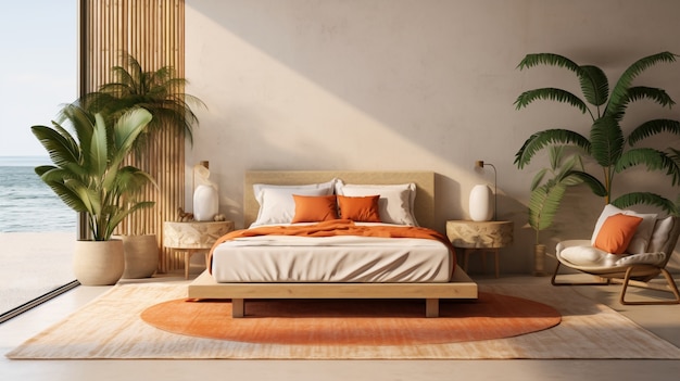 Bed in een slaapkamer versierd met Braziliaanse folklore ontwerp