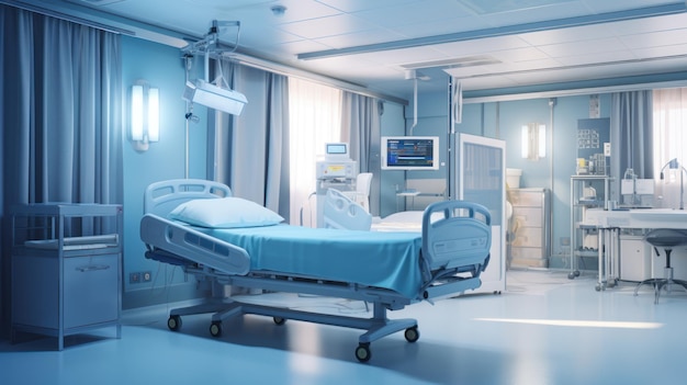 Bedden en medische apparatuur vallen op met rustgevende blauwe tinten in de ziekenhuiskamer