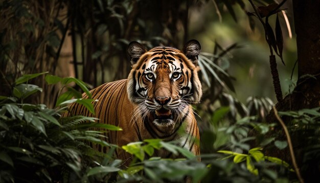 Bedreigde Bengaalse tijger starend gevaar in de natuur gegenereerd door AI