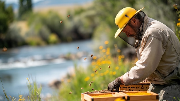 Gratis foto beekeeper working at  bee farm