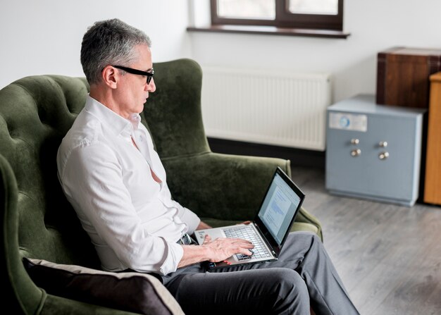 Bejaarde zakenman die laptop op een leunstoel met behulp van