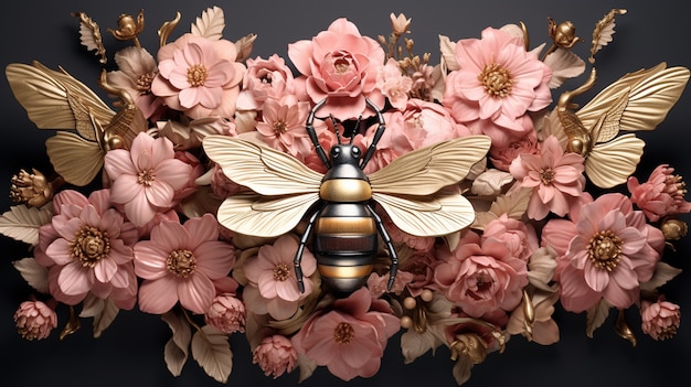 Gratis foto bekijk 3d bijeninsect met bloemen