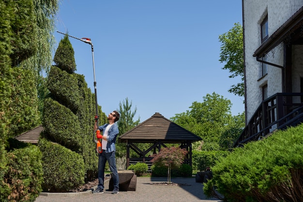 Gratis foto bekwame mannelijke tuinarchitect die een heggenschaar op grote hoogte gebruikt voor vormsnoei in het zijaanzicht van het park van gefocust