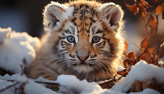 Gratis foto bengaalse tijger in de sneeuw starend met felle schoonheid gegenereerd door kunstmatige intelligentie