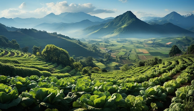 Gratis foto bergboerderij landschap groene weide rijstveld rustig water panoramisch uitzicht gegenereerd door kunstmatige intelligentie