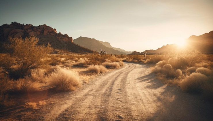 Gratis Foto bergketen in rustige stoffige roadtrip bij zonsondergang gegenereerd door ai