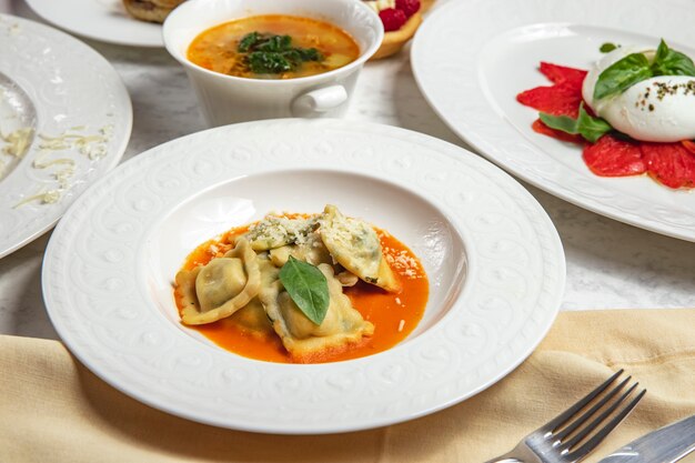 Biefstuk met vlees in tomatensaus met basilicum en parmezaanse kaas zijaanzicht