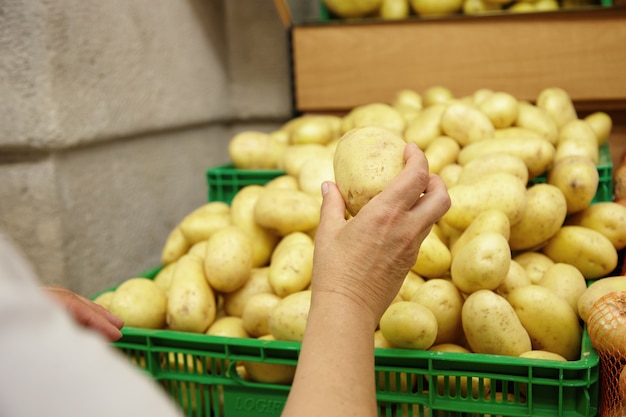 Bijgesneden portret van senior blanke vrouw die hand met grote aardappel erin uitrekt, klaar om het in haar mand te doen tijdens het winkelen in de supermarkt, op zoek naar groenten voor het koken van een familiediner