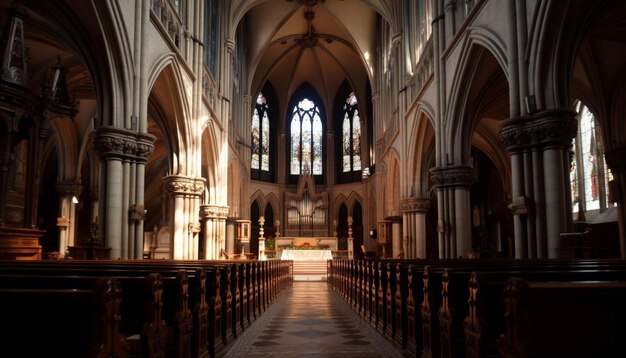 Binnen in de historische basiliek biddend onder glas-in-loodramen gegenereerd door AI