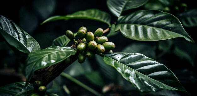 Biologische koffiebonendruppels op nat blad gegenereerd door AI