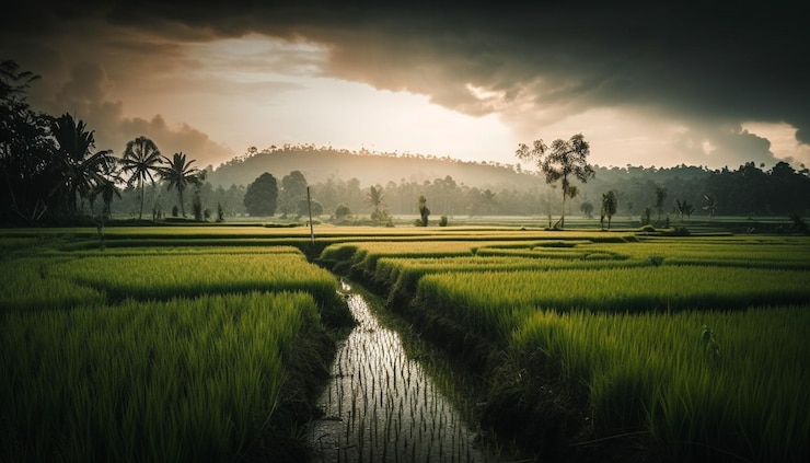 Gratis Foto biologische rijst geoogst bij zonsondergang bali's schoonheid gegenereerd door ai