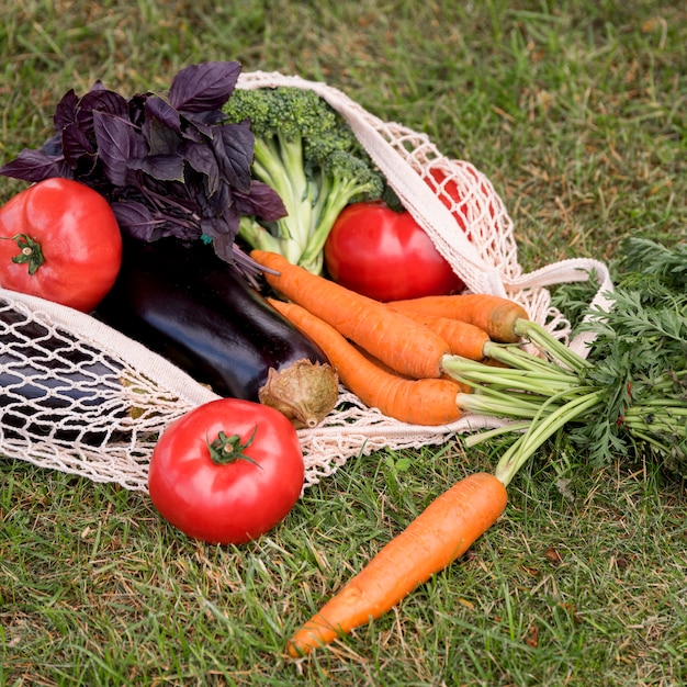 Biologische zak en groenten met een hoge weergave