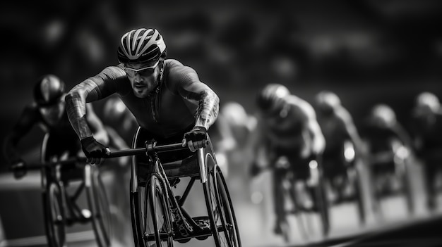 Gratis foto black and white portrait of athlete competing in the paralympics championship games