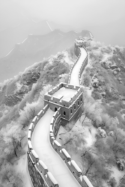 Gratis foto black and white scene of the great wall of china