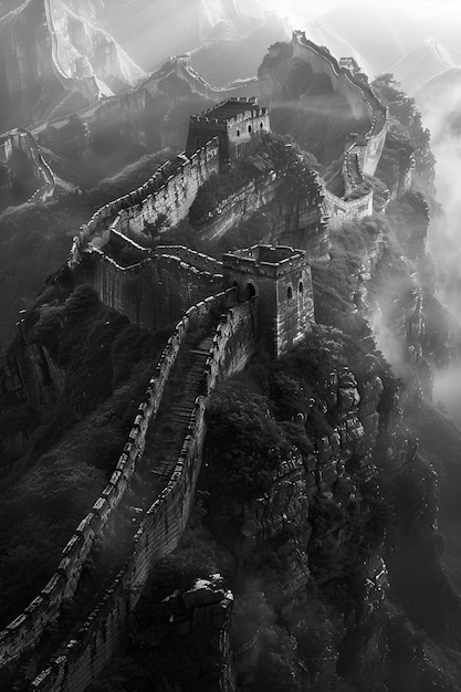 Gratis foto black and white scene of the great wall of china