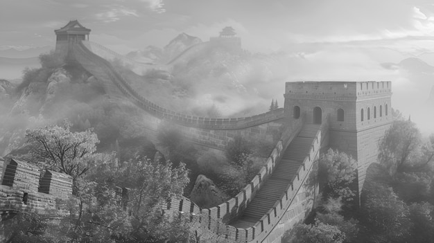 Gratis foto black and white scene of the great wall of china