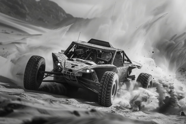 Gratis foto black and white view of off-road vehicle driven on rough terrain