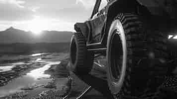 Gratis foto black and white view of off-road vehicle driven on rough terrain