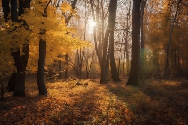 Gratis foto bladverliezende lommerrijke bomen in het bos met gouden zonlichtatmosfeer generatieve ai
