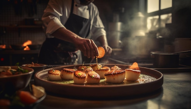 Blanke chef-kok die vlees grilt op open vuur gegenereerd door AI