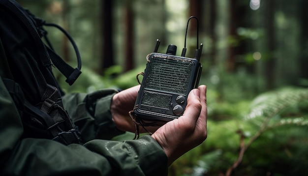 Blanke fotograaf filmt natuurverkenning met apparatuur gegenereerd door AI