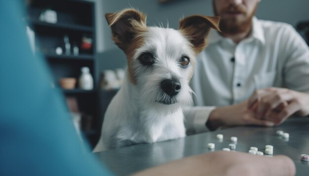 Blanke man die schattig rasecht terriërpuppy binnenshuis generatieve AI verzorgt