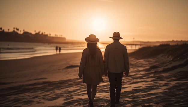 Gratis foto blanke paar omarmt bij zonsondergang op het strand gegenereerd door ai