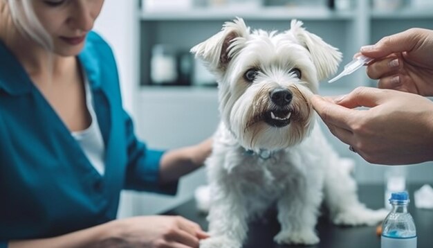 Blanke vrouw die schattige terriërpuppy binnenshuis houdt, gegenereerd door AI