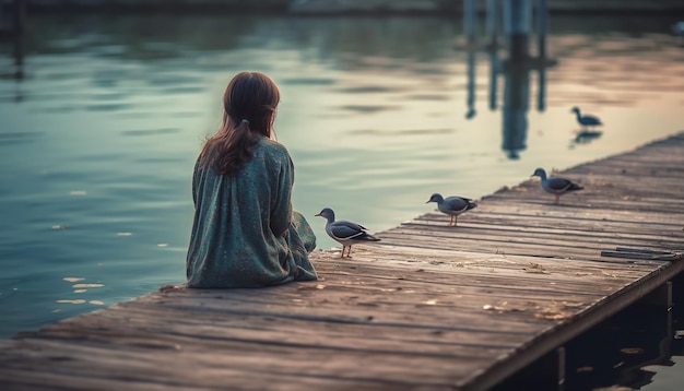 Gratis foto blanke vrouw zittend op de steiger genietend van eenzaamheid gegenereerd door ai