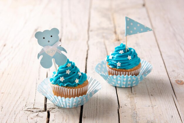 Blauwe cupcakes voor babyshower