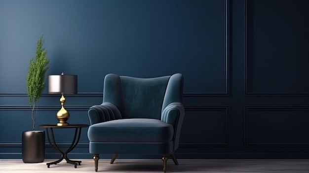 Blauwe fauteuil tegen blauwe muur in woonkamer interieur Elegant interieur met kopie ruimte Ai generatief