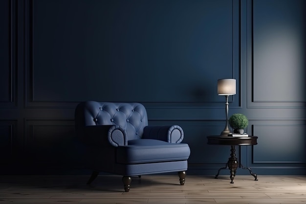 Blauwe fauteuil tegen blauwe muur in woonkamer interieur Elegant interieur met kopie ruimte Ai generatief