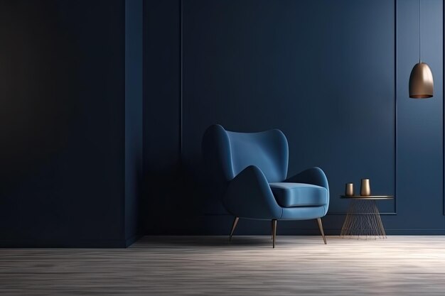 Blauwe fauteuil tegen blauwe muur in woonkamer interieur Elegant interieur met kopie ruimte Ai generatief