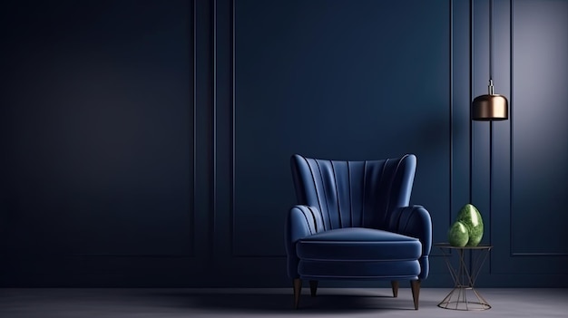 Blauwe fauteuil tegen blauwe muur in woonkamer interieur Elegant interieur met kopie ruimte Ai generatief