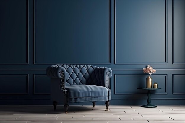 Blauwe fauteuil tegen blauwe muur in woonkamer interieur Elegant interieur met kopie ruimte Ai generatief