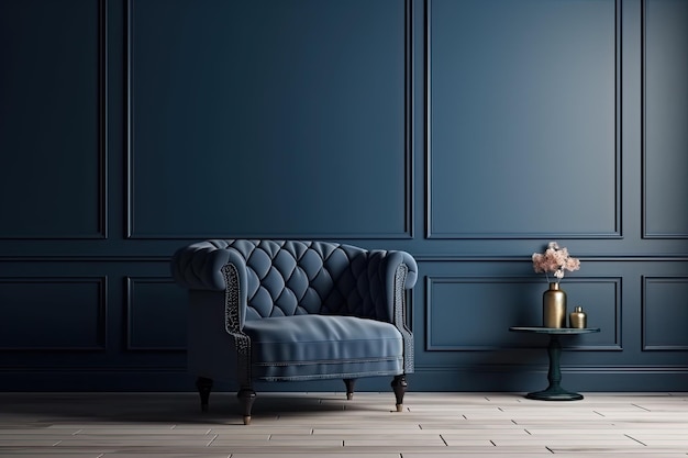 Blauwe fauteuil tegen blauwe muur in woonkamer interieur Elegant interieur met kopie ruimte Ai generatief