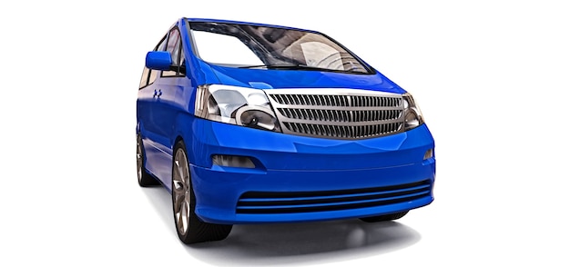 Blauwe kleine minibus voor het vervoer van mensen. driedimensionale afbeelding op een glanzende grijze achtergrond. 3d-rendering.