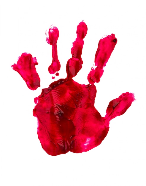 Bloedige afdruk van een hand en vingers op een witte muur