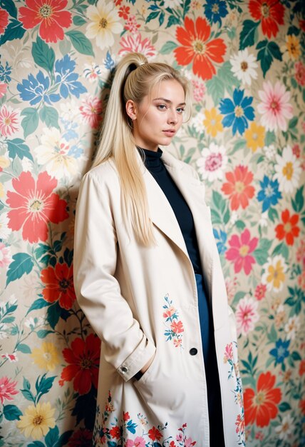 Blonde meisje met lange jas in een bloemrijke kamer