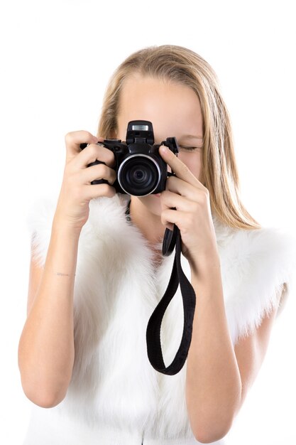 Blonde student met behulp van haar uitstekende camera