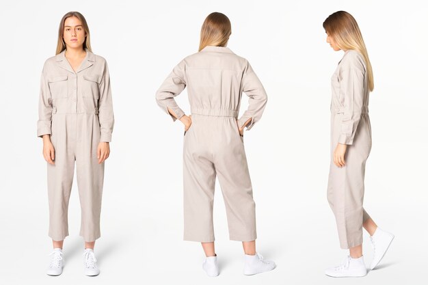 Blonde vrouw in beige jumpsuit met ontwerpruimte streetwear kleding full body set