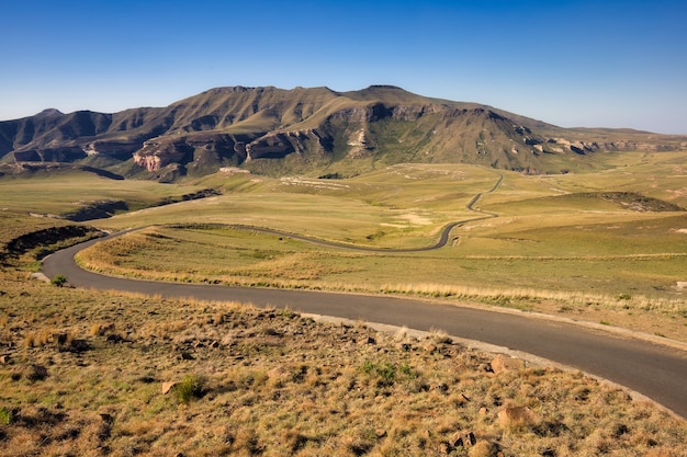 Bochtige weg in het midden van grasvelden met bergen in de verte in de provincie Oost-Kaap